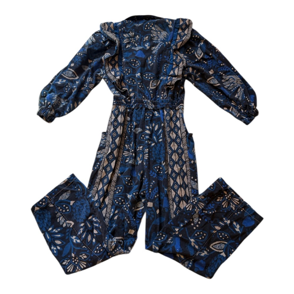 FARM Rio Navy Blue and Tan Floral Ruffle Jumpsuit - Picture 6 of 7